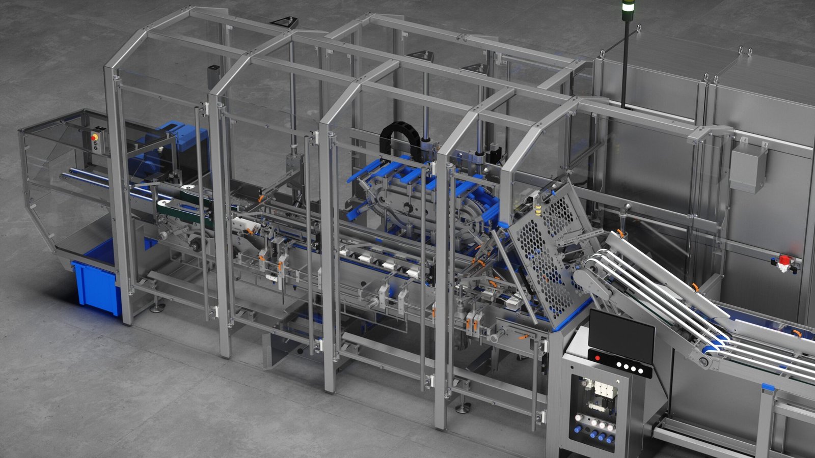 3D rendering of an automated stick pack cartoning machine with integrated product infeed, carton magazine, and high-speed cartoning system.