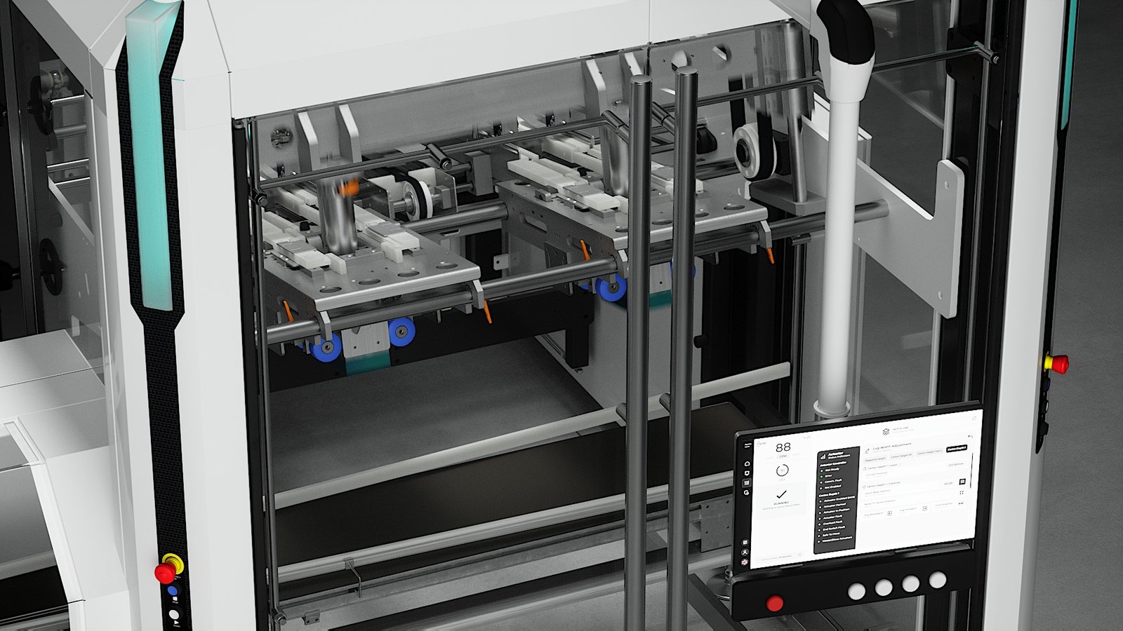3D rendering of an automated tray former machine forming corrugated trays for high-speed industrial packaging applications.