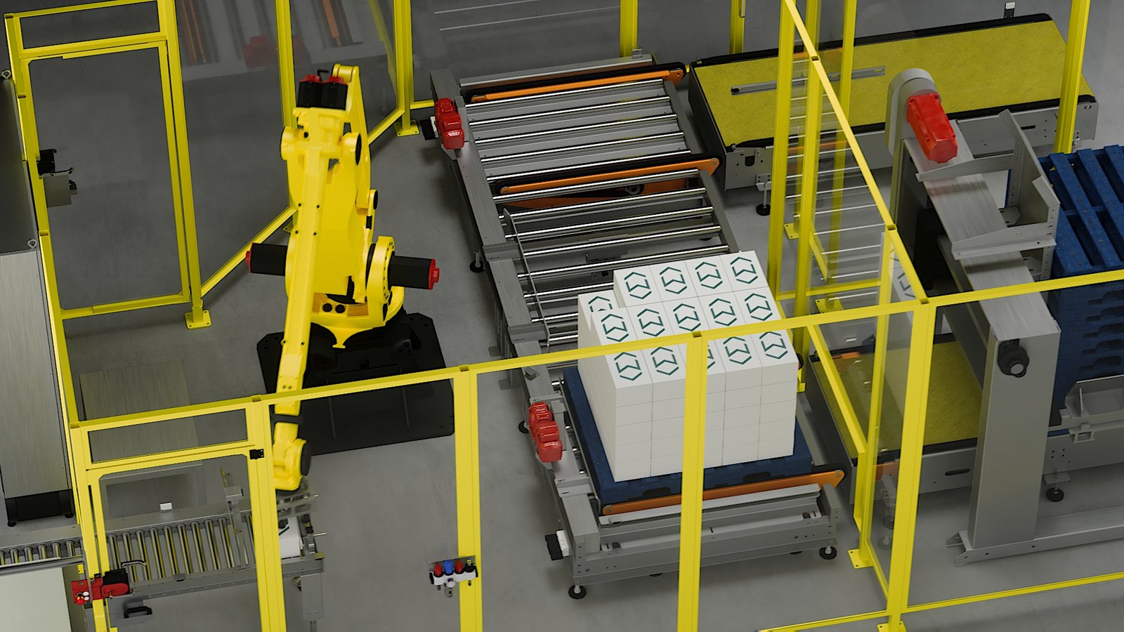 3D rendering of a robotic palletizing cell with automated pallet conveyor, pallet dispenser, and industrial robot for end-of-line packaging automation.