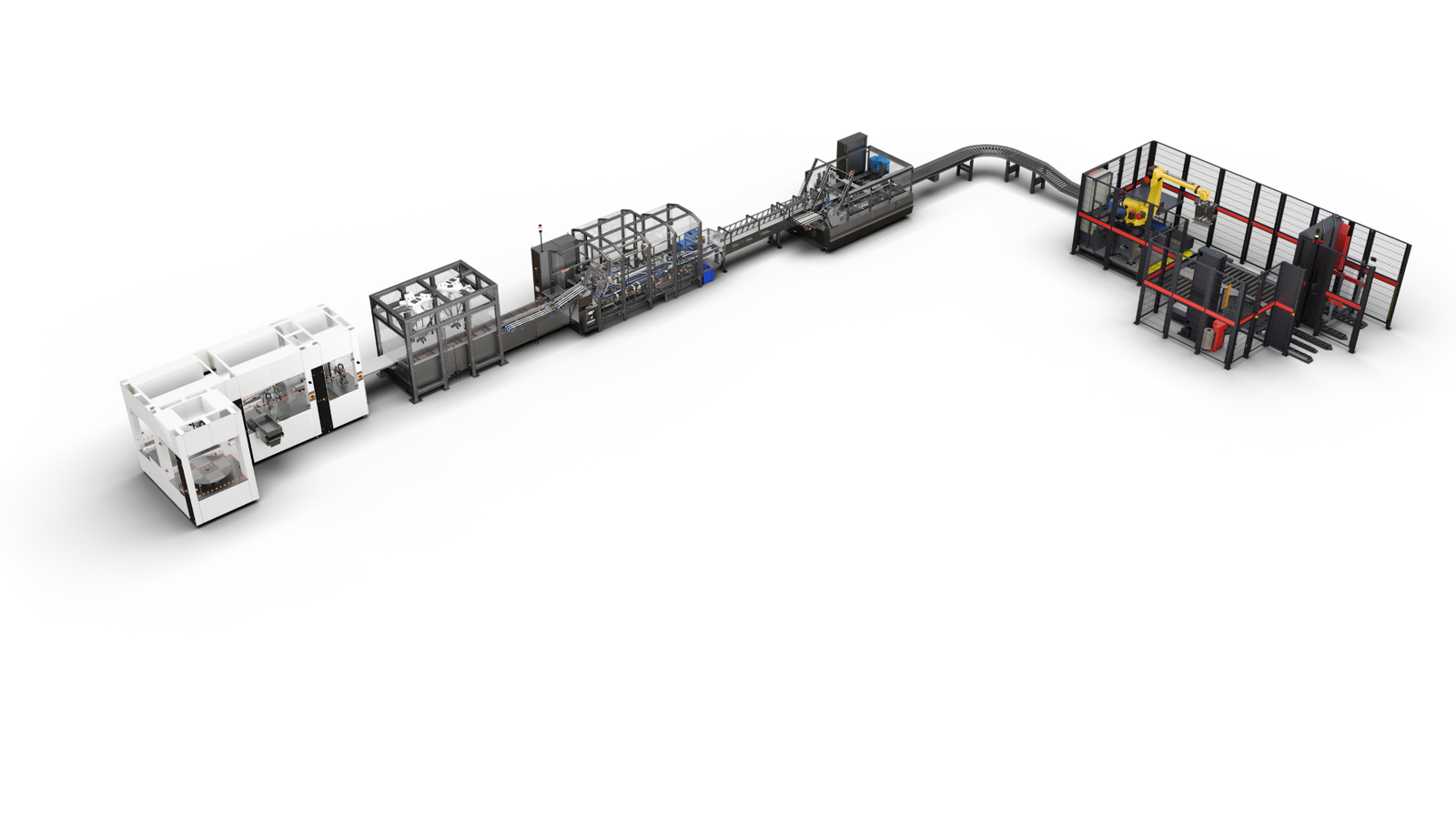 3D rendering of a complete automated packaging line featuring cartoning, case packing, conveyor integration, and robotic palletizing for high-speed end-of-line automation.