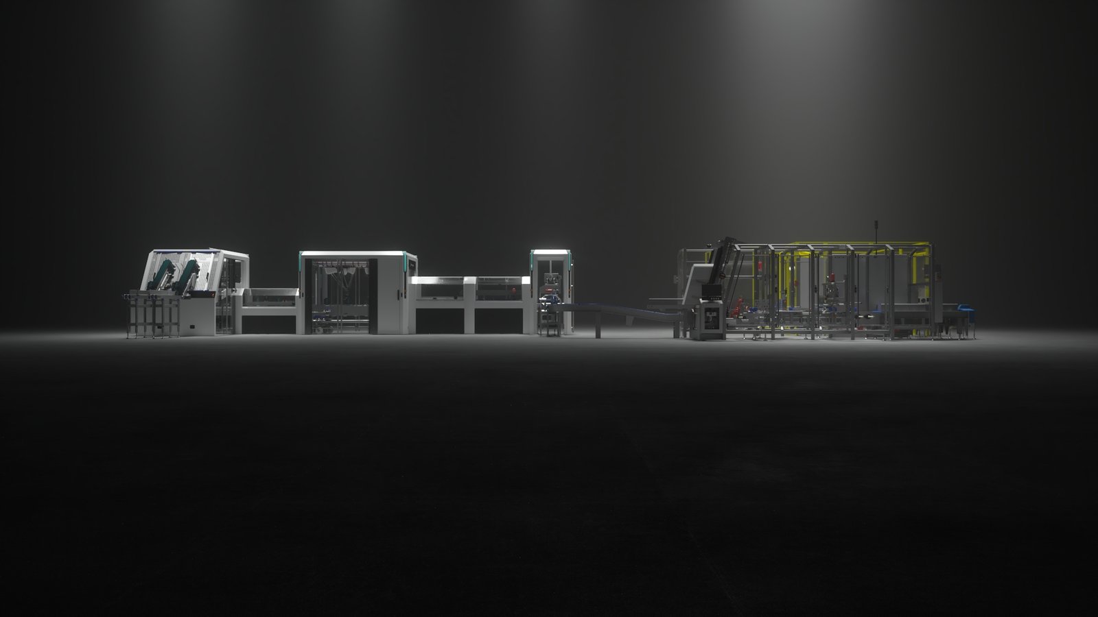 Photorealistic 3D rendering of a complete automated packaging line created from engineering CAD models.