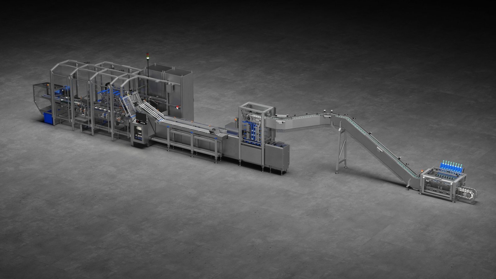 3D rendering of an automated stick pack packaging line with product infeed conveyor, bombay unit, and integrated cartoning system for high-speed production.
