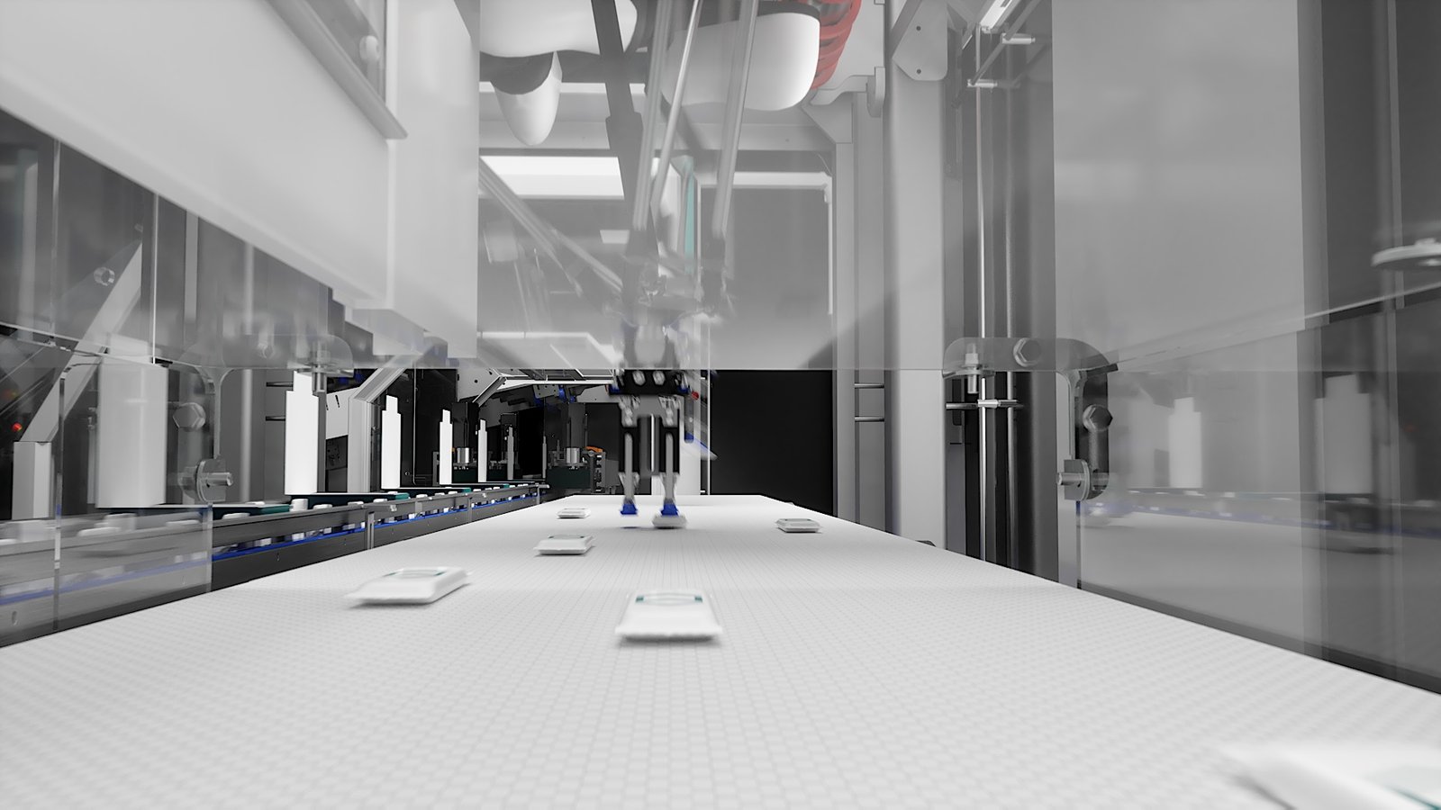 3D rendering of a high-speed pick-and-place system transferring granola bars onto a conveyor for automated cartoning and packaging.