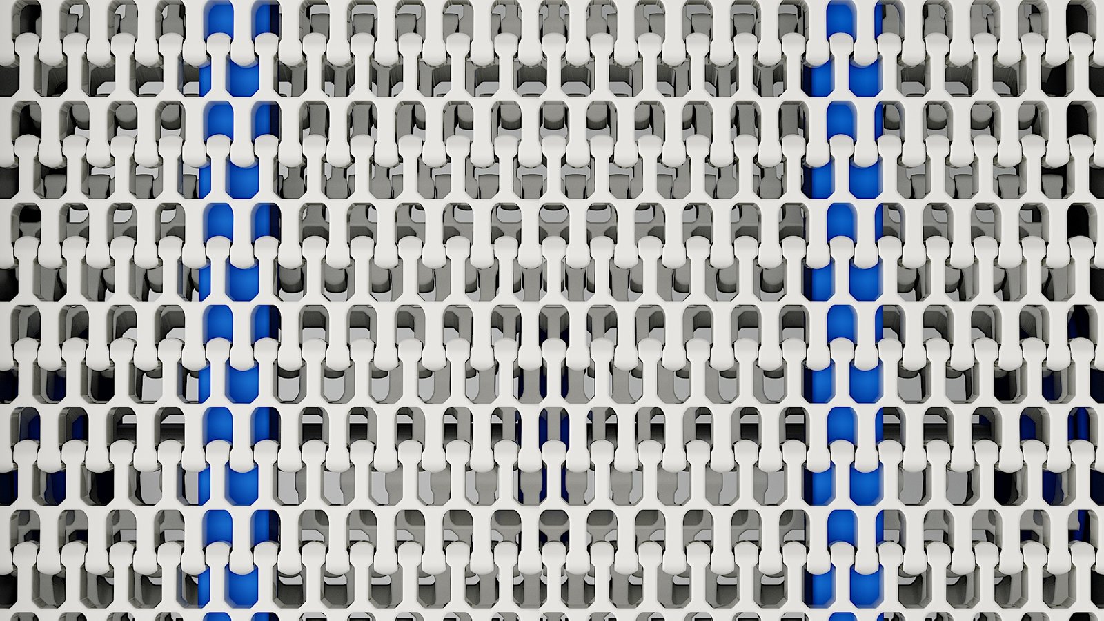 Close-up 3D rendering of a modular plastic conveyor belt with interlocking links designed for hygienic food processing and industrial conveying applications.