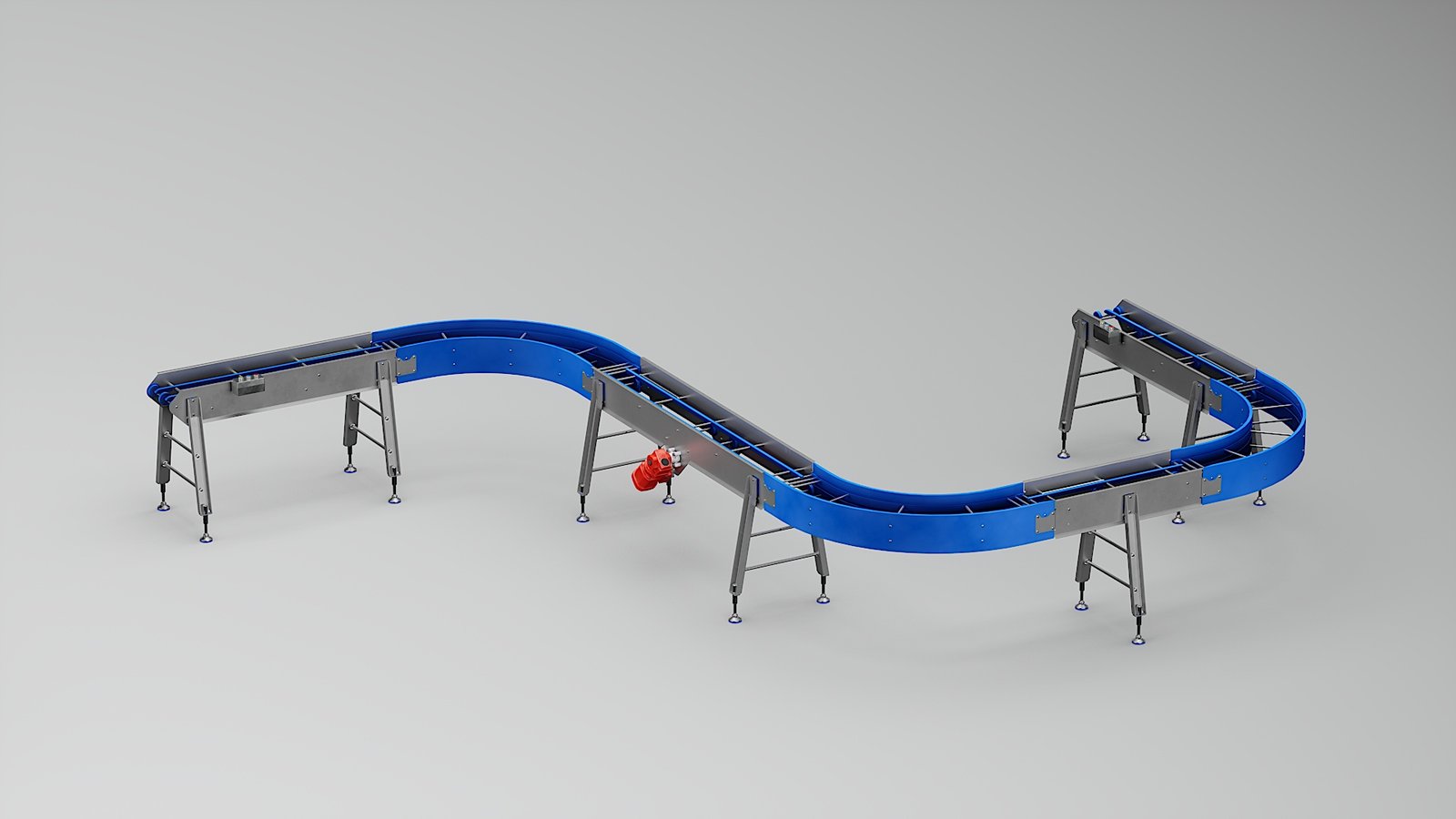 3D rendering of a curved stainless steel conveyor system for product handling and industrial automation applications.