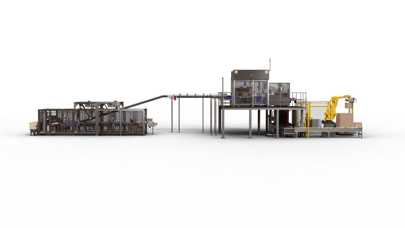 3D rendering of a complete automated packaging line with integrated cartoning system, conveyor network, palletizing robot, and end-of-line material handling equipment.