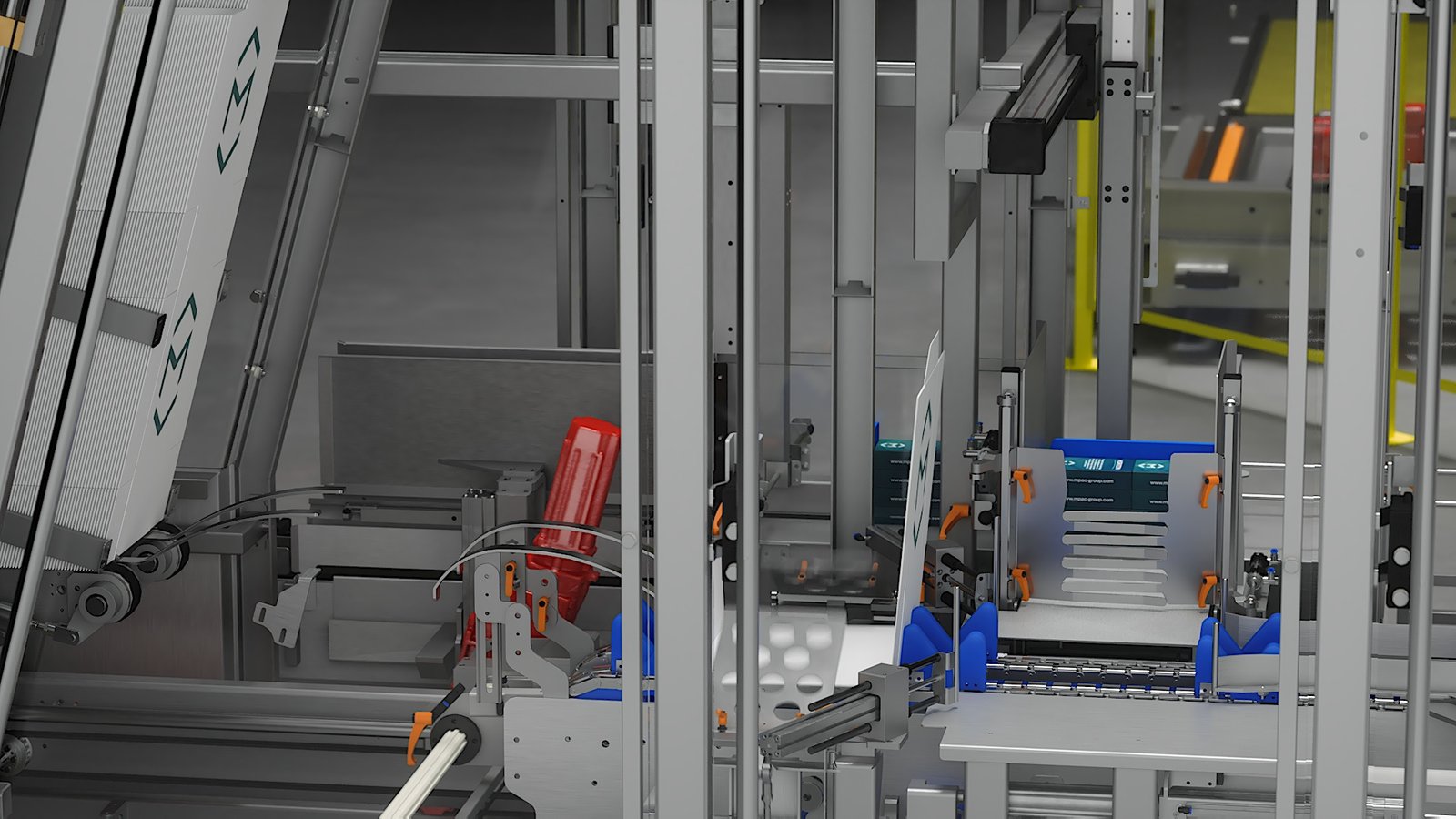 Automated pharmaceutical carton packaging line with robotic product handling, carton loading, and case packing equipment.