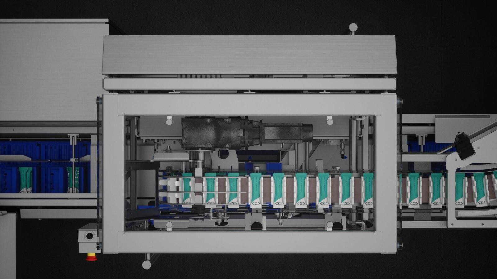 Top-down 3D rendering of an automated stick pack bombay system with multi-lane product collation.