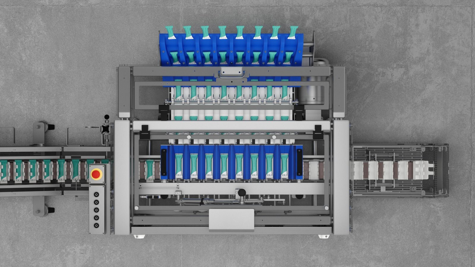 Top-down 3D rendering of an automated stick pack loading system with multi-lane product collation.