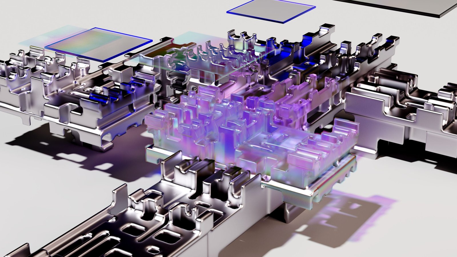 Abstract 3D rendering visualizing internal product geometry and engineering design using transparent materials and layered CAD model components.