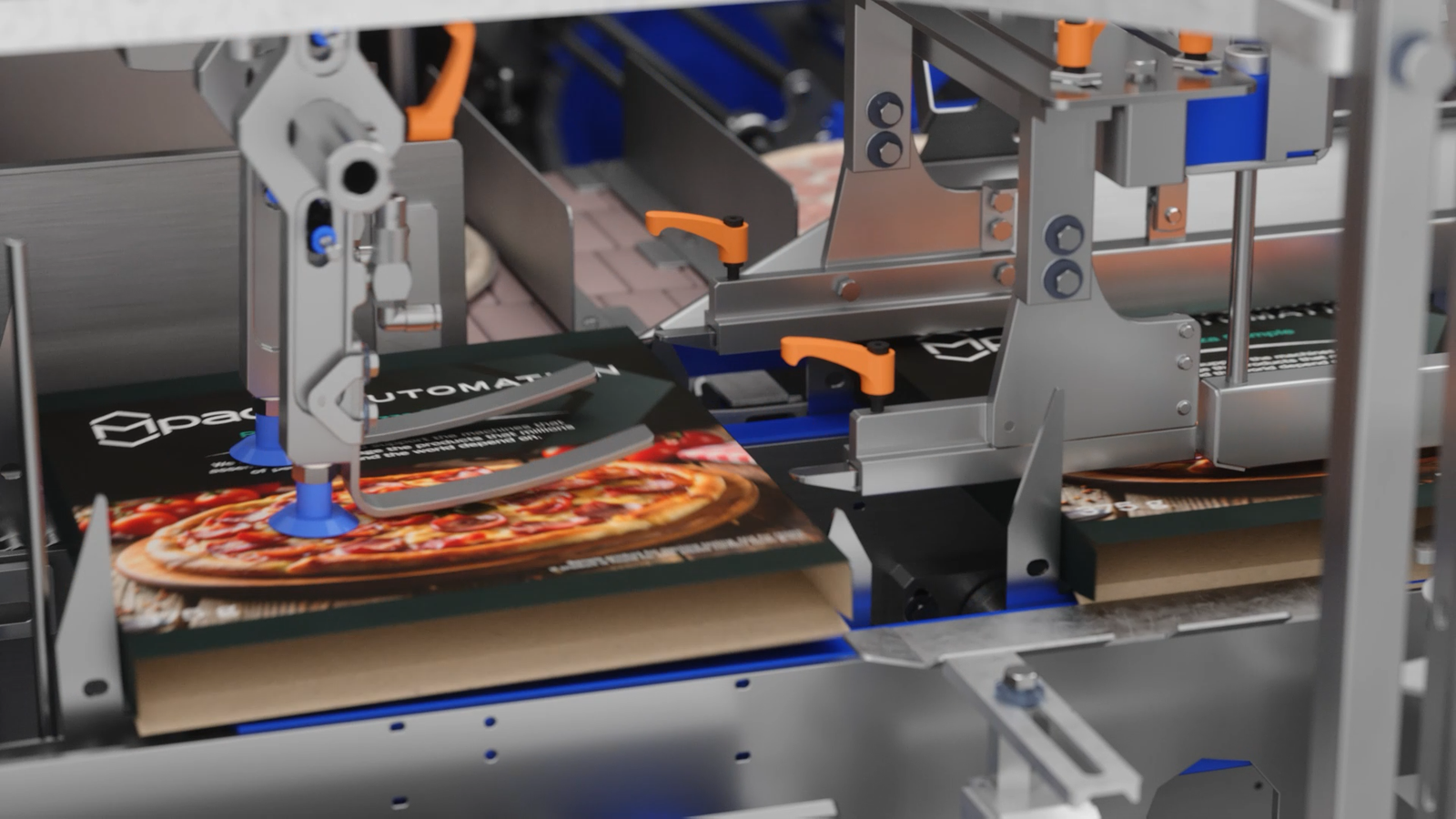 Photorealistic 3D rendering of an automated cartoning machine placing frozen pizzas into retail cartons during the packaging process.