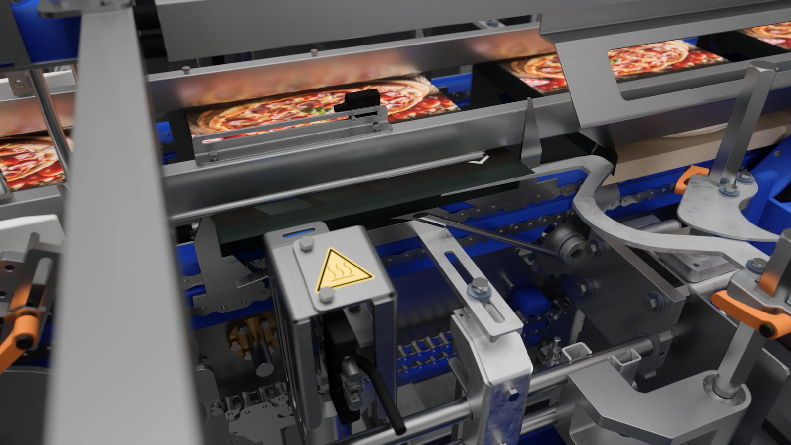 Photorealistic 3D rendering of frozen pizzas being transferred through an automated cartoning system for high-speed food packaging.