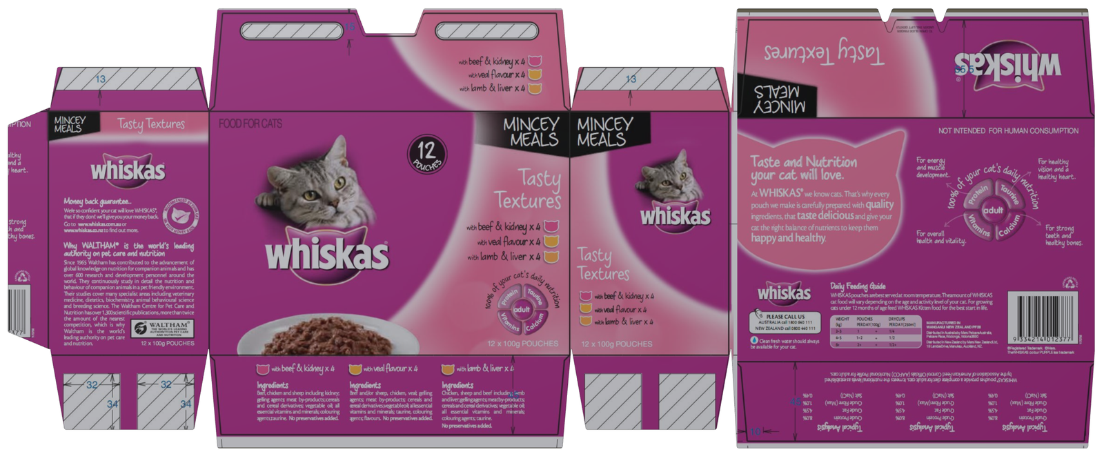 Artwork layout for a Whiskas cat food carton shown as a flat packaging dieline for production and print preparation.