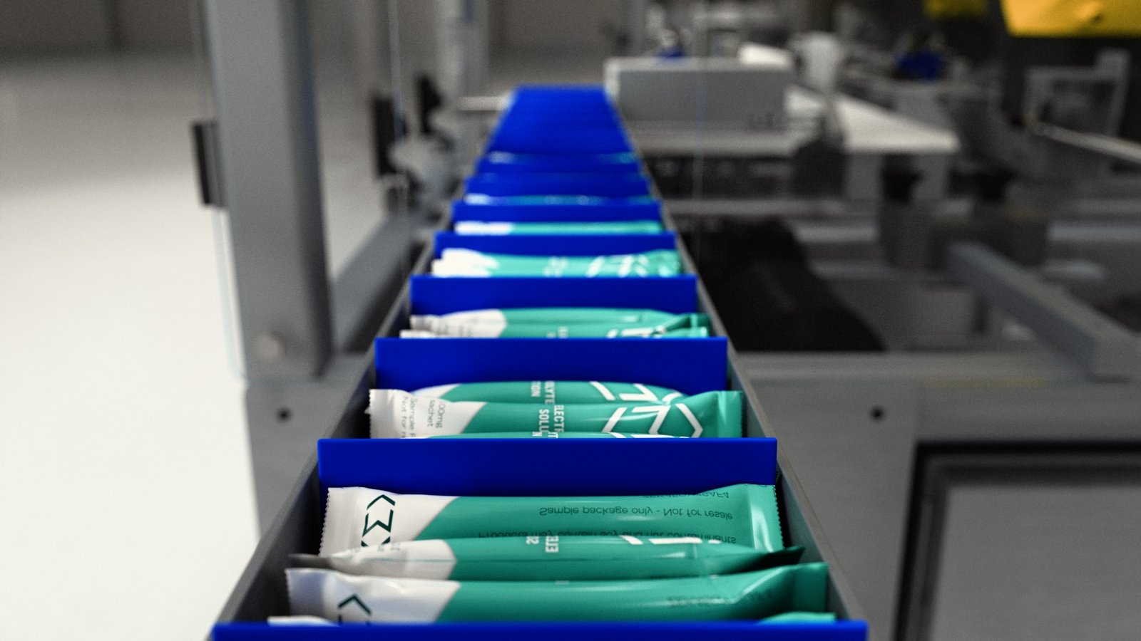 Photorealistic 3D rendering of stick packs being conveyed and indexed for automated cartoning within an industrial packaging machine.
