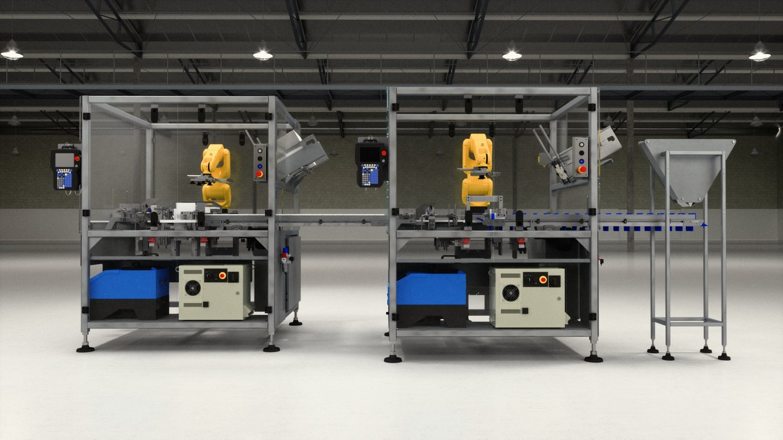 Photorealistic 3D rendering of an automated stick pack cartoning and case packing line with robotic product handling.